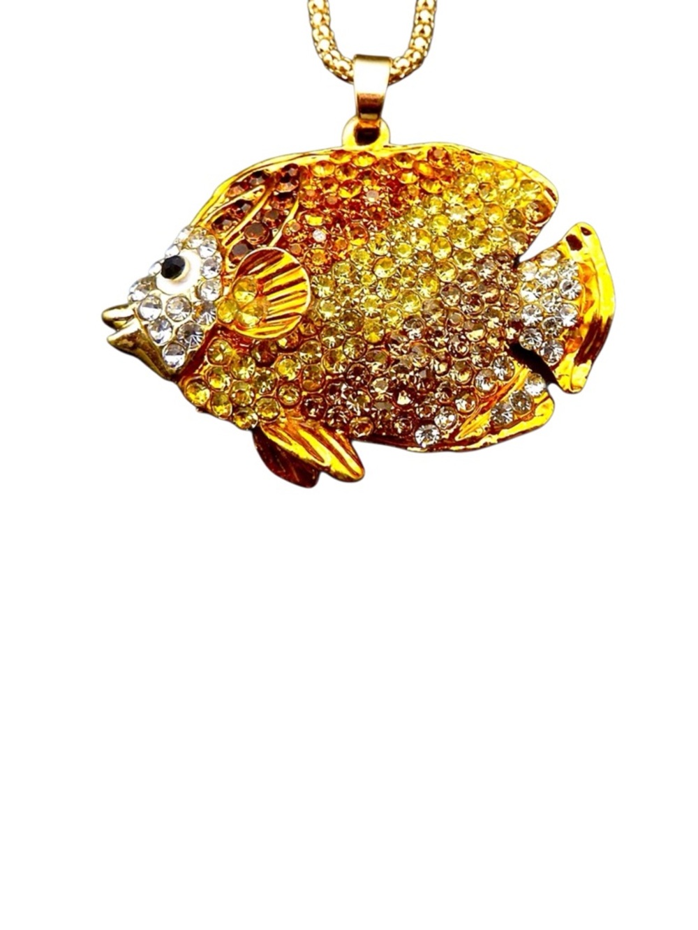 Gold and Brown Crystal Fish Pendant Necklace 27.5”. NWOT
